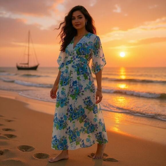 Rare Vintage 70s Small At Home Wear Sears floral print chiffon caftan maxi dress - Picture 3 of 14